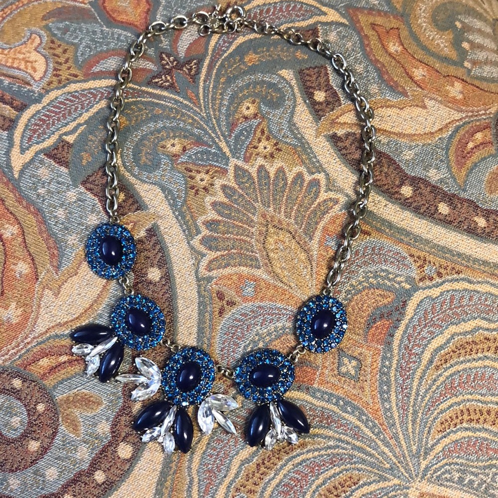 J crew Vintage chunky statement necklace navy blue clear stone chain
